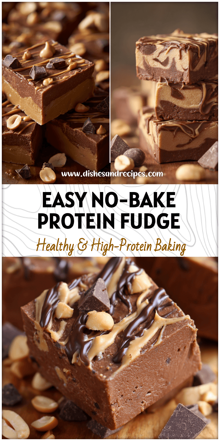 A close-up of thick slices of Healthy Chocolate Peanut Protein Fudge with peanut drizzle and Low Calorie Chocolate pieces.